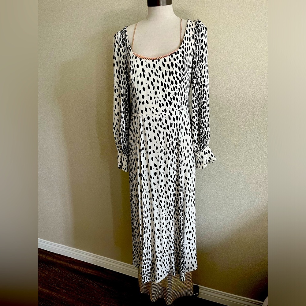 Reformation Black and White Spotted Long Sleeve Midi Dress